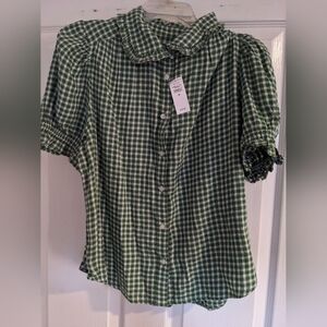 Gap Green Checkered Ruffle Short Sleeve Women's Top NWT